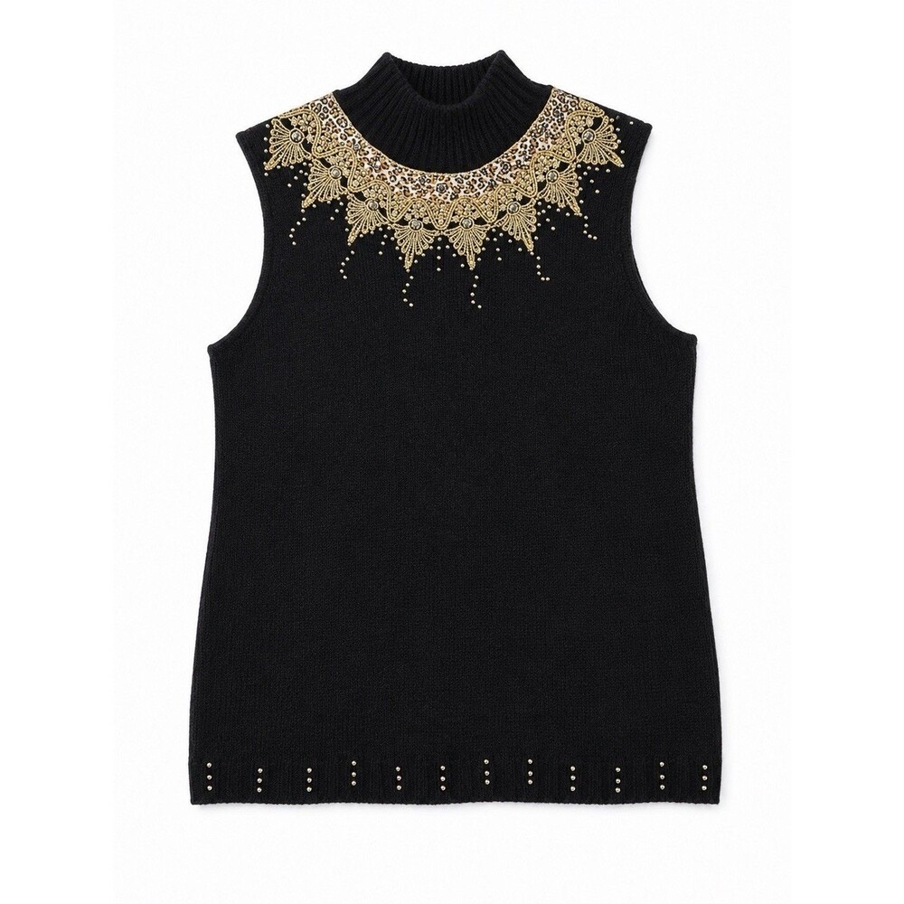 Vintage Leopard Beaded Sweater Vest Women's Size XL Black Mock Neck Rhinestone